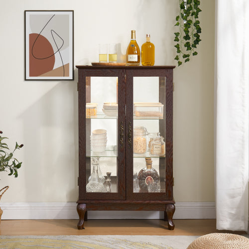 Cherry Lighted Tempered Glass Curio Cabinet Mirrored Back Panel Adjustable Shelf Vintage Metal Handle Home Display Cabinet