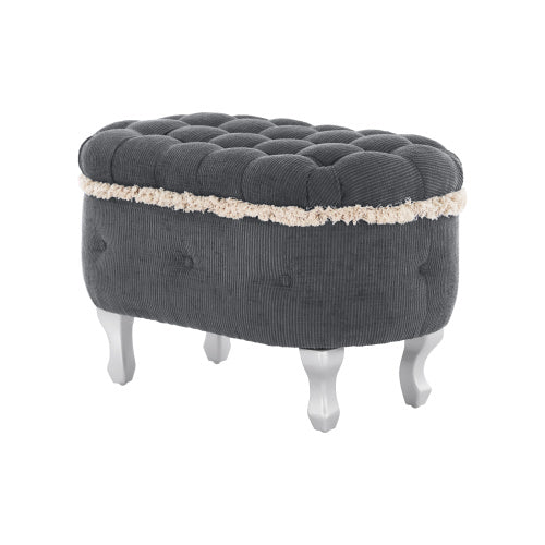Grey Fringed Button Tufted Storage Ottoman Bench, 29.5 Inch End of Bed Shoe Stool for Bedroom Entryway