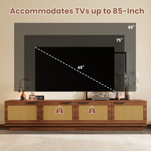 78.74 inch Walnut 4 Door PE Rattan Legless TV Stand Large Hidden Storage Media Console For 85 inch TV