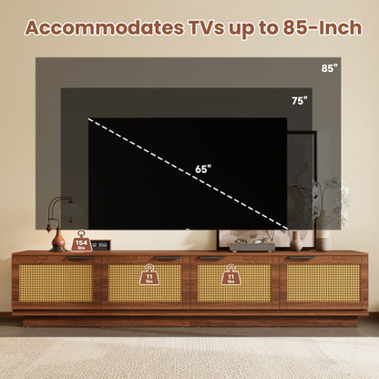 78.74 inch Walnut 4 Door PE Rattan Legless TV Stand Large Hidden Storage Media Console For 85 inch TV