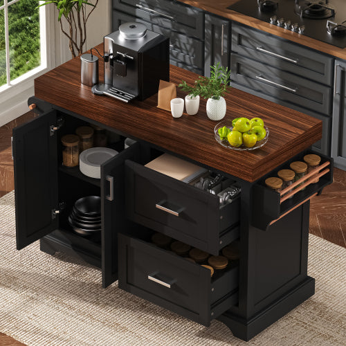 53 Inch Rolling Kitchen Island with Thick Top Drawers & Spice Rack Black
