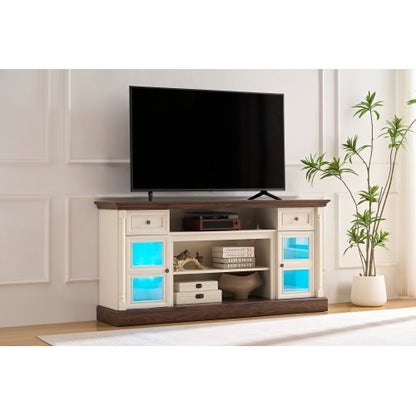 70 Inch Farmhouse Roman Column TV Stand with LED Lights for 80 Inch Large TV