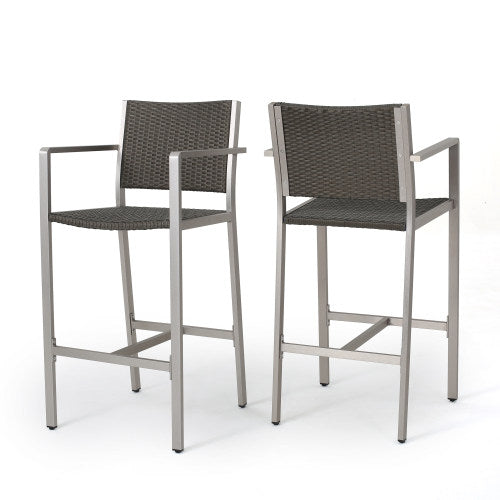 Outdoor 29.50" Rust-Proof Aluminum Barstools with PE Rattan Seat and Backrest, Set of 2, Silver & Grey