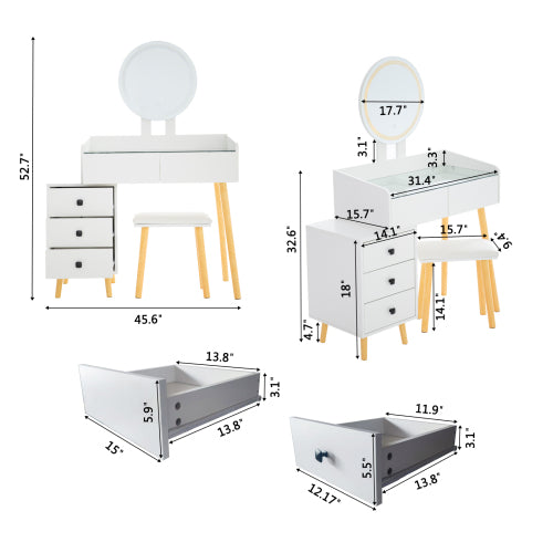 White LED Vanity Desk with Glass Top & Extendable Side Table, 5 Drawers, Mirror & Stool, Padded Leather Seat