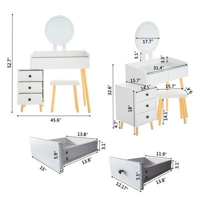 White LED Vanity Desk with Glass Top & Extendable Side Table, 5 Drawers, Mirror & Stool, Padded Leather Seat
