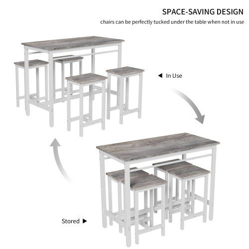 5-Piece White Oak Bar Table Set, Metal & MDF Structure with 4 Stools
