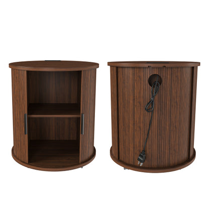 Walnut Cylinder Nightstand, Mid-Century Round Side Table with Charging Station & Sliding Door