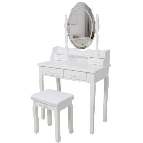 White Princess Vanity Desk Set with Mirror & Cushioned Stool,Light Modes,4-Drawer Wooden Makeup Vanity Table for Girls' Bedroom, Dressing Table with Ample Storage