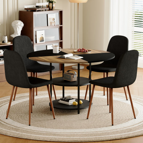 5-Piece Double Storage Round Dining Set, MDF Table & 4 Black Linen-Cotton Chairs