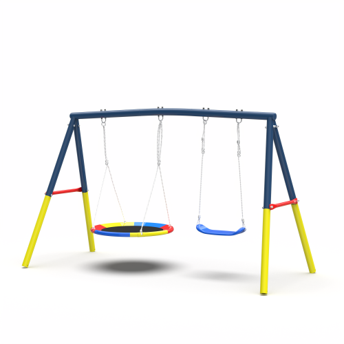 Swing Set for Backyard, 330lbs Swing Set with Heavy-Duty A-Frame Metal Outdoor Swing Stand, 1 Saucer Swing Seat & 1 Belt Swings Seat
