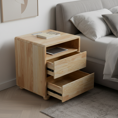 20inch Modern Nightstand with 2 Drawers And Shelves Solid Wood Night Stand with Charger Station Mid Century Bedside Table Curved Wood Side Table for Bedroom Living room