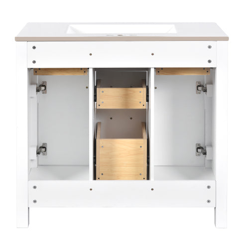 36'' Bathroom Vanity with Ceramic Sink Combo Set,Modern Freestanding Single Bathroom Cabinet with 4 Drawers & 2 Cabinets,Storage Cabinet for Bathroom, Solid Wood Frame Vanity Set, White