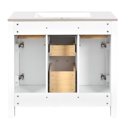 36'' Bathroom Vanity with Ceramic Sink Combo Set,Modern Freestanding Single Bathroom Cabinet with 4 Drawers & 2 Cabinets,Storage Cabinet for Bathroom, Solid Wood Frame Vanity Set, White