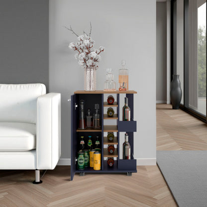 Bar Cart, Two External Shelves, Four Casters, Six Built-In Wine Rack, Single Door Cabinet