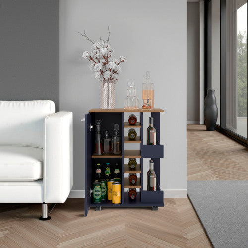 Bar Cart, Two External Shelves, Four Casters, Six Built-In Wine Rack, Single Door Cabinet, Natural Oak, Blue