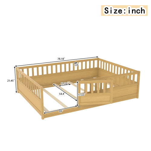 Full Size Floor bed, integral construction with super high security barrier, door, children's floor bed frame, Montessori wooden children's floor bed, Support  slat Natural Wood