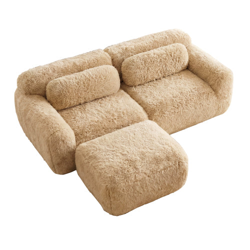 Light-Khaki L-Shape Plush Boneless Modular Sofa with Chaise Pillows