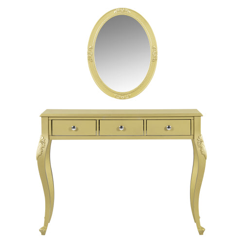 Gold Luxury Oval Mirror Vanity Desk, 41.0 inch *17.5 inch  Tabletop, 3 Drawers, Decorative Console for Entryway & Bedroom