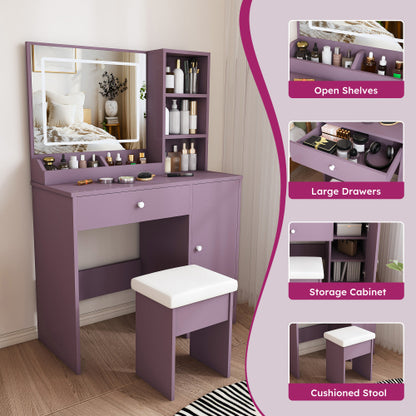 Purple Modern Vanity Desk Set, Dimmable 3?Color LED Mirror, MDF Build, Padded Stool for Bedroom Apartment