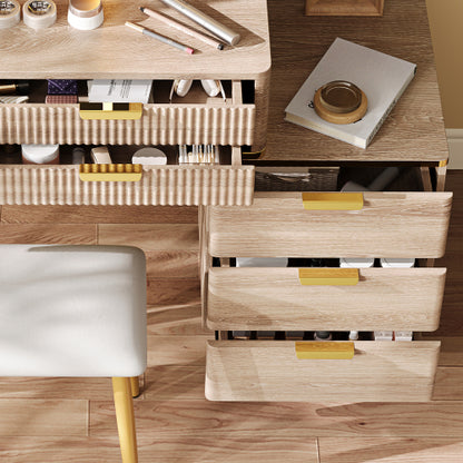 7-Drawer White Vanity Desk with LED Mirror & Carved Details, Fluted Makeup Table, Metal Legs, PU Stool & Jewelry Storage
