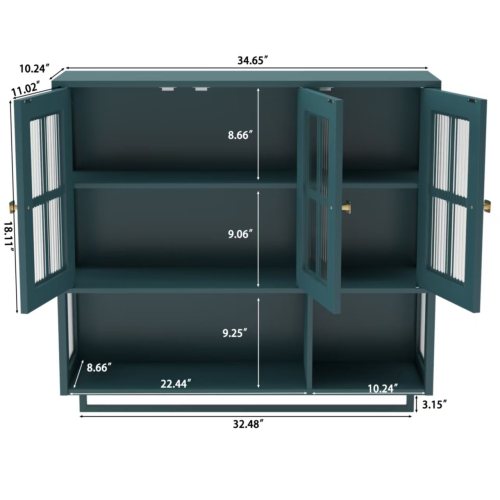 Bathroom Wall Cabinet, 3-Door Wooden Wall Cabinet with Open and Hidden Storage Space, Medicine Cabinet with Glass Door and Towel Bar for Entryway Living Room Bathroom Dining Room,Dark Green