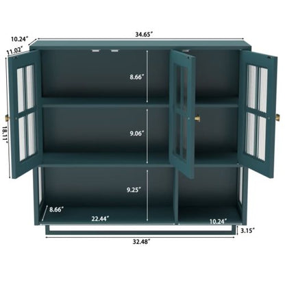 Bathroom Wall Cabinet, 3-Door Wooden Wall Cabinet with Open and Hidden Storage Space, Medicine Cabinet with Glass Door and Towel Bar for Entryway Living Room Bathroom Dining Room,Dark Green