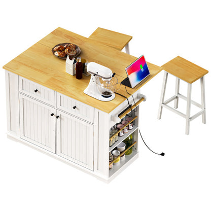 48inch Kitchen Island with 2 Bar Stools, Power Outlet, Door Internal Storage Rack, Kitchen Storage Cart on 5 Wheels with Drop Leaf, 5 Side Racks, 2 Drawers,White