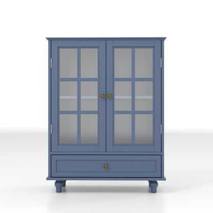 Vintage Blue Buffet Cabinet with Glass Doors Drawer and Adjustable Shelves