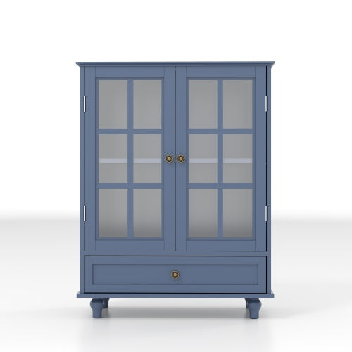 Vintage Blue Buffet Cabinet with Glass Doors Drawer and Adjustable Shelves