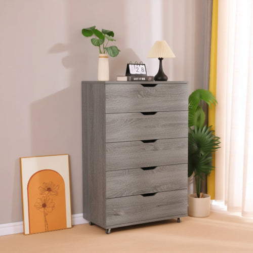 Gray 5-Drawer Dresser with Wheels – Modern Storage Cabinet