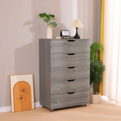 Gray 5-Drawer Dresser with Wheels – Modern Storage Cabinet