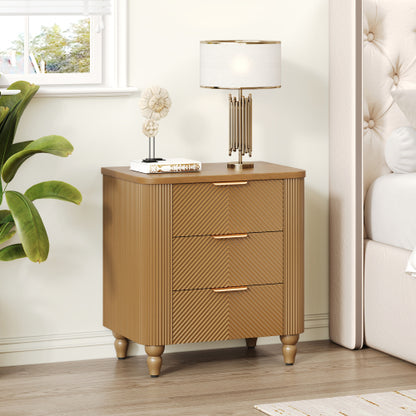 Mid-Century Fluted 3 Drawers Nightstand, Bedside Table with Curved Profile Design and Wide Gold Glossy Handles, End Table for Living Room, Bedroom, Easy Assembly, Natural