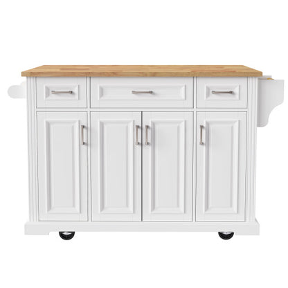 54 Inch Rolling Kitchen Island with Drop Leaf Drawers & Wheels White