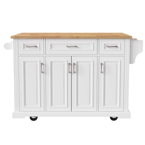 54 Inch Rolling Kitchen Island with Drop Leaf Drawers & Wheels White