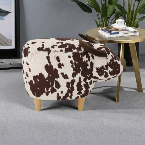Brown & White Cow Shaped Animal Ottoman, Fabric Accent Footstool with Velvet Horns and Birch Wood Legs for Home Decor
