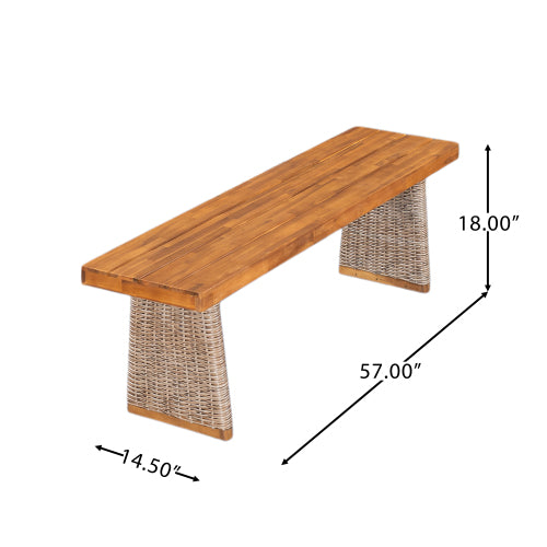 Outdoor 1pcs Acacia Wood Bench,Teak Finish+ Brown Wicker