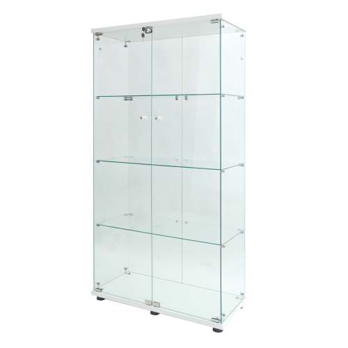 White Tempered Glass Display Cabinet With Remote Control Light & Lockable Casters
