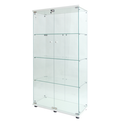 White Tempered Glass Display Cabinet With Remote Control Light & Lockable Casters