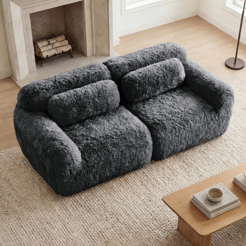 Dark-Grey 2-Seater Modular Plush-Fabric Sectional Sofa No-Assembly with Throw Pillows Non-Slip