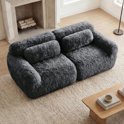 Dark-Grey 2-Seater Modular Plush-Fabric Sectional Sofa No-Assembly with Throw Pillows Non-Slip