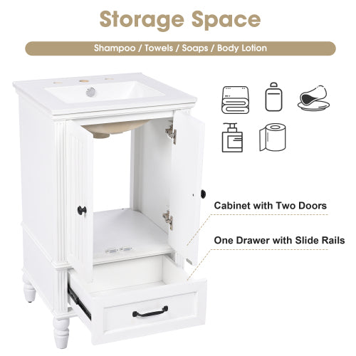 20" Bathroom Vanity with Sink, Bathroom Cabinet with Two Doors, Magnetic Door Stopper and Adiustable Foot Pads, A Drawer, White