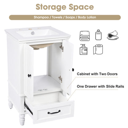20" Bathroom Vanity with Sink, Bathroom Cabinet with Two Doors, Magnetic Door Stopper and Adiustable Foot Pads, A Drawer, White