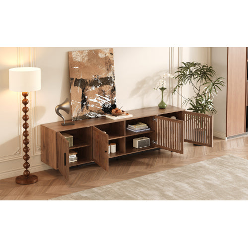 78.7 inch Walnut Slatted Door TV Stand Solid Rubber Wood Leg Media Console Holds 85 inch TV