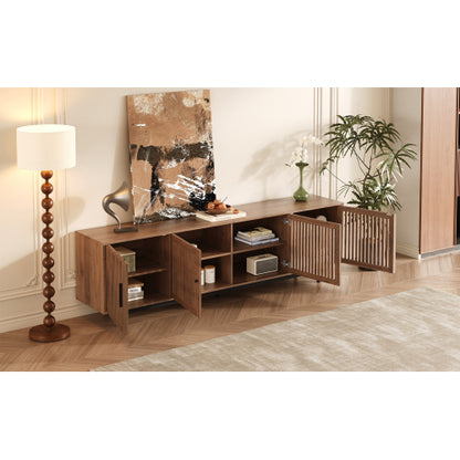 78.7 inch Walnut Slatted Door TV Stand Solid Rubber Wood Leg Media Console Holds 85 inch TV