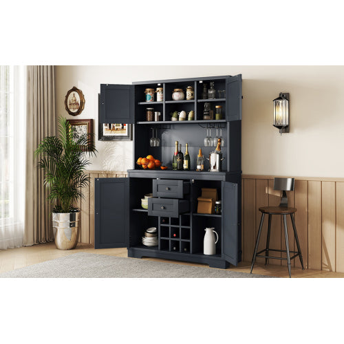 Coffee Bar Cabinet Kitchen Cabinet with Storage, Farmhouse Wine Cabinet with Drawers shelves and cabinets, Buffet Cabinet Wine & Glass Racks for Dining Room, Kitchen, Dark Blue