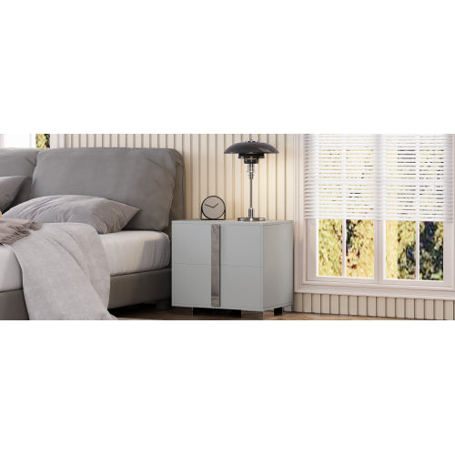 Modern End Table with Drawers, Elegant Nightstand with Metal Foot,Wood Bedside Table with Mirrored Metal Handles,Sofa Side End Table for Bedroom Living Room Office,Grey