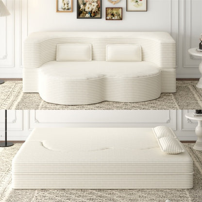 Beige White FullSize PlushCorduroy Convertible Floor SofaBed,2 Pillows