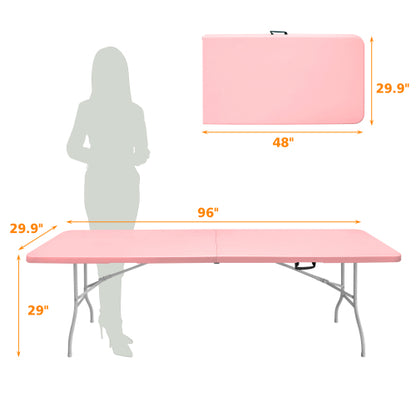 8ft Pink Folding Table, Portable Plastic Table for Camping, Picnics, Parties, High Load Bearing Foldable Table