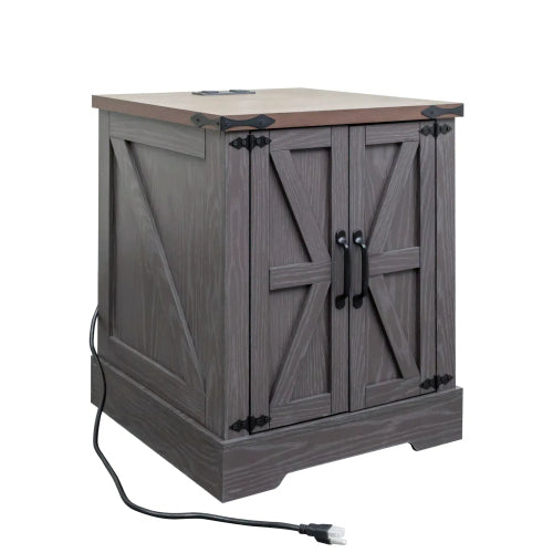 Farmhouse End Table with Charging Station, Rustic Nightstand with Barn Doors and Adjustable Shelf, Walnut Top Grey Cabinet
