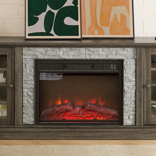 70 Inch TV Stand with Electric Fireplace Grey Faux Stone Entertainment Center
